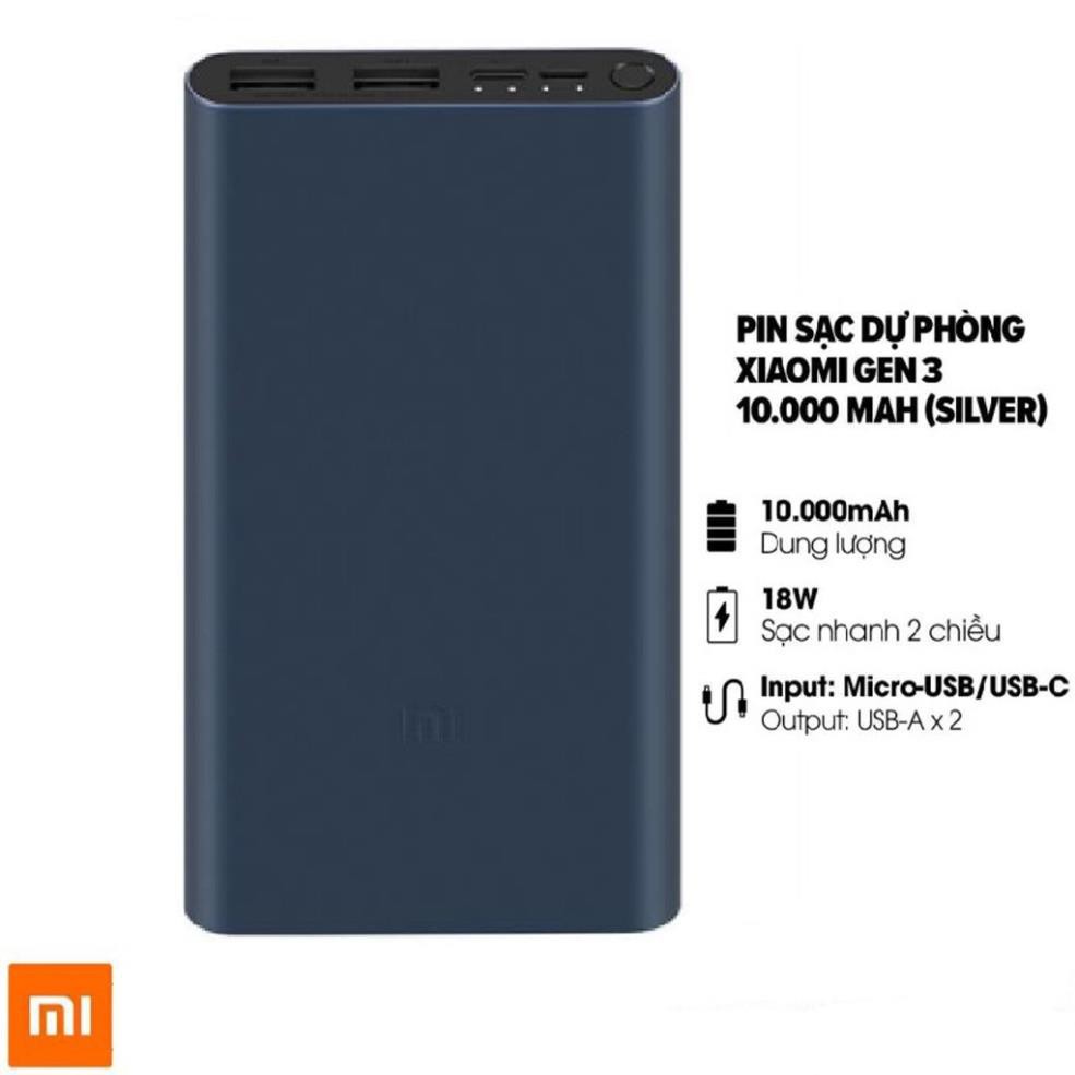 Sạc dự phòng, Pin sạc dự phòng Xiaomi Gen 3 sạc nhanh 18W dung lượng thực 10000mAh