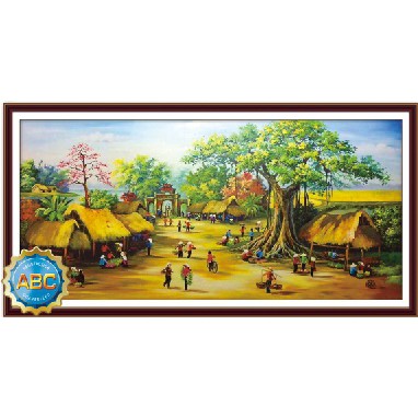 TRANH ĐÍNH ĐÁ PHONG CẢNH LÀNG QUÊ CHỢ QUÊ  Y8159 (200x90cm)