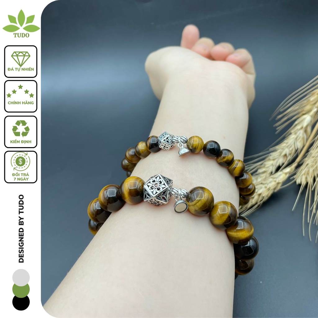 Vòng đôi, vòng cặp nam nữ TUDO mắt hổ vàng nâu mix charm bạc, có nam châm hút nhau - nữ 8-9li, nam 10-11li