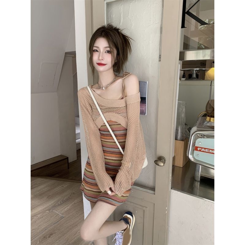 COZOK Set Áo Thun Ngắn Tay Họa Tiết Sọc Cầu Vồng + Đầm Không Tay Xinh Xắn Thời Trang Theo Phong Cách Hàn Quốc
