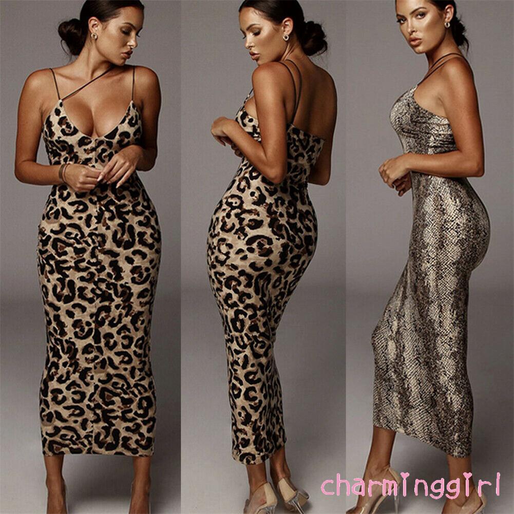 Đầm maxi cổ chữ V in họa tiết da báo gợi cảm cho nữ