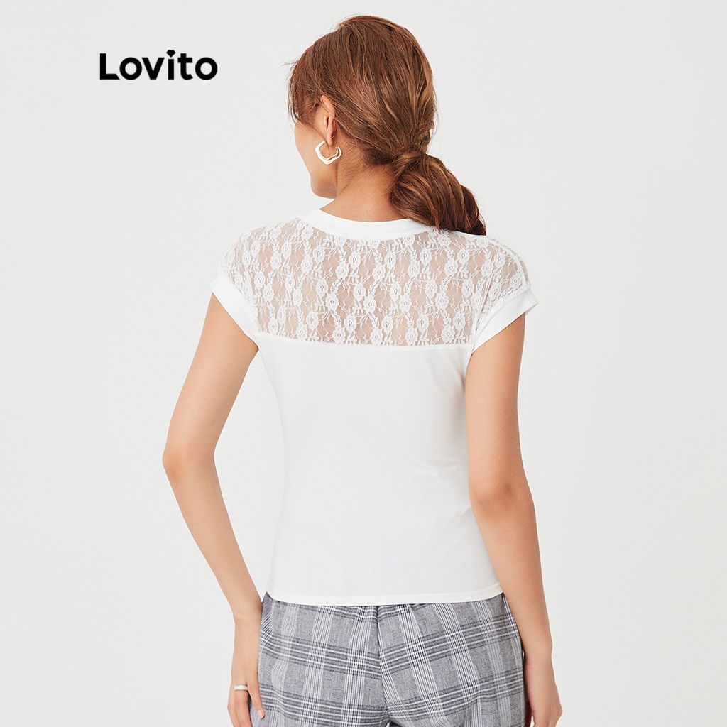 Áo thun Lovito kẻ sọc phối ren tương phản phong cách thanh lịch L27ED085 (màu trắng)