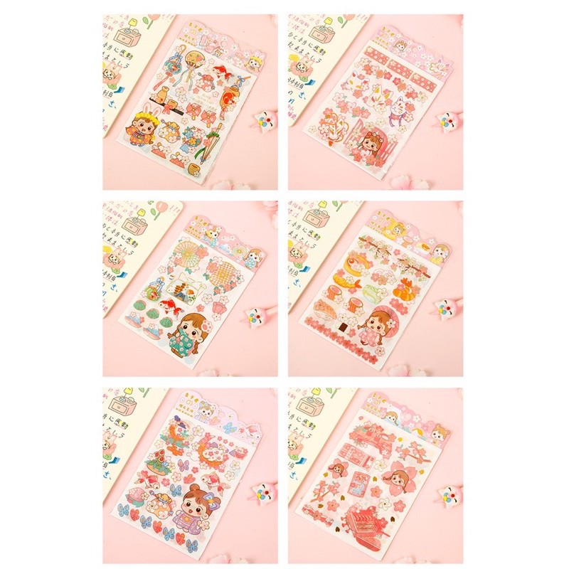 Set 04 tờ stickers ánh kim đáng yêu bé gái Nhật bản hoa sakura anh đào sẵn hàng siêu rẻ