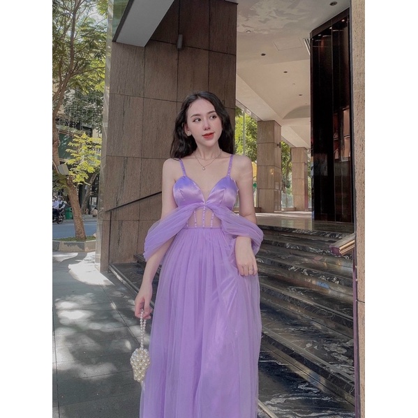 Đầm maxi sát nách lưới phồng dự tiệc / Tím
