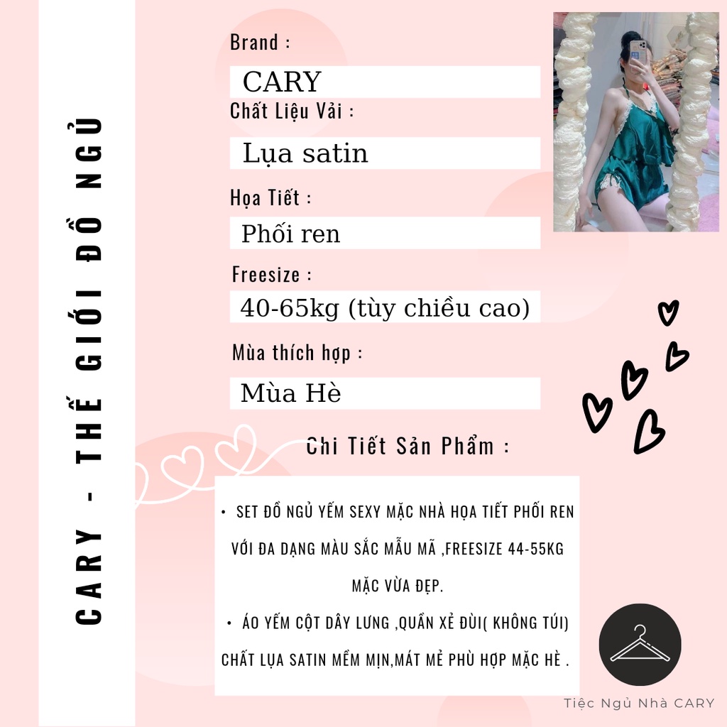 Đồ ngủ nữ sexy chất lụa satin cao cấp mặc nhà, bộ ngủ yếm phối ren gợi cảm bigsize CARY