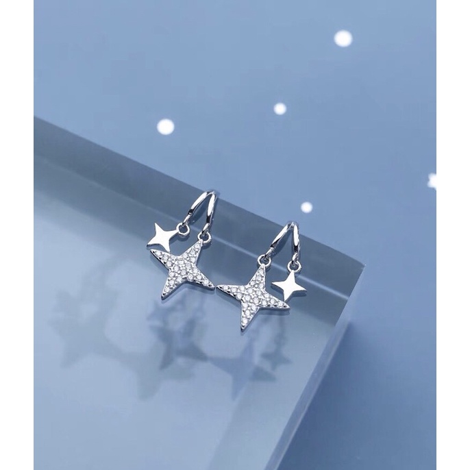 Khuyên tai chữ C thả viên đá nhỏ nhân tạo bạc ta đáng yêu