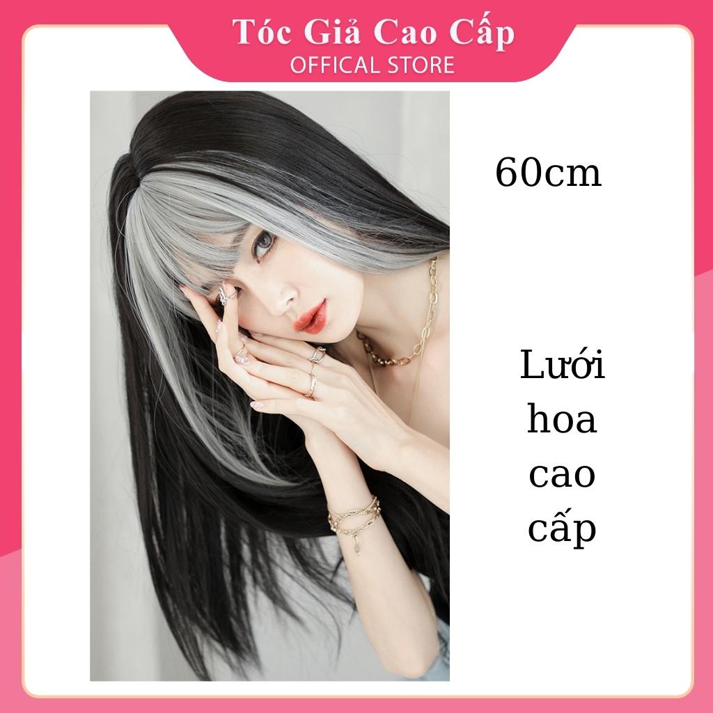 Tóc giả nguyên đầu nữ thẳng đen phối mái xám, mẫu mới, tặng kèm lưới trùm tóc.