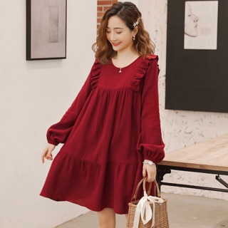 Đầm babydoll váy suông đỏ bèo vai tay dài (kèm hình thật)