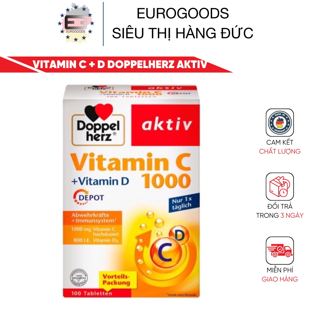 VITAMIN C 1000 + VITAMIN D  ⚡ CAM KẾT HÀNG AUTH ⚡ DOPPELHERZ AKTIV-Hộp 30 Viên bổ sung vitamin C/ D - Hàng nội địa Đức