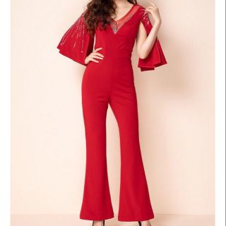 Jumpsuit dài ống loe cổ V phối lưới kết cườm tay xẻ kiểu hàng Thiết Kế