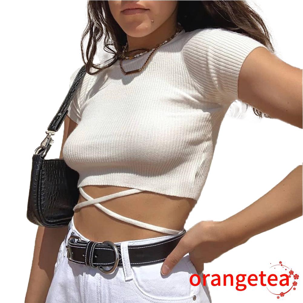 Áo Croptop Dệt Kim Tay Ngắn Thiết Kế Dây Đan Chéo Quyến Rũ