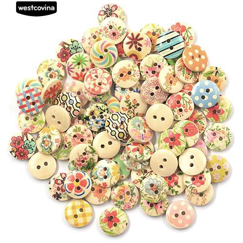 Set 100 Nút Gỗ Tròn 2 Lỗ 15Mm Nhiều Màu Sắc Dễ Thương