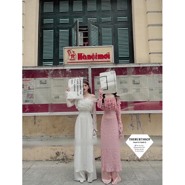 Áo dài trễ vai bèo phối ren