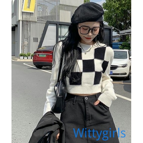 Wittygirls_shop| Áo Croptop tay dài hoạ tiết kẻ sọc màu sắc thiết kế cổ tròn thanh lịch