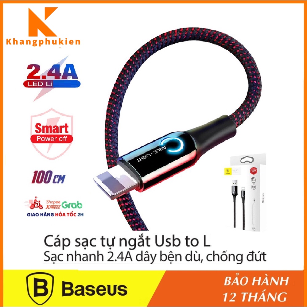 Dây sạc phone chính hãng Baseus C-shape tự ngắt khi đầy pin sạc nhanh 2.4A có đèn Led báo hiệu - Bh 12 tháng