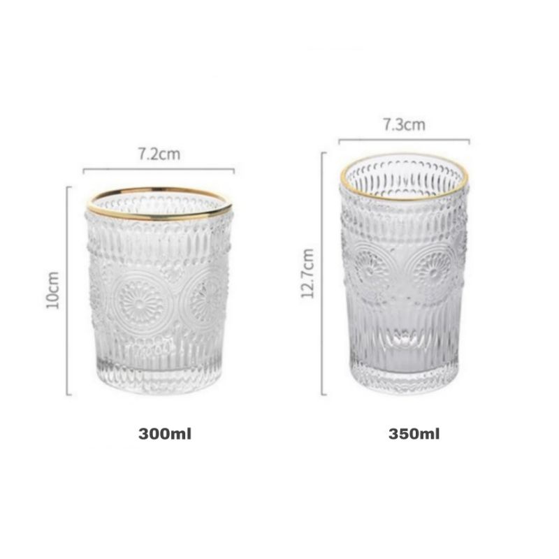 Cốc thủy tinh viền vàng hoạ tiết hoa mặt trời - Thủy tinh cao cấp, kiểu dáng vintage