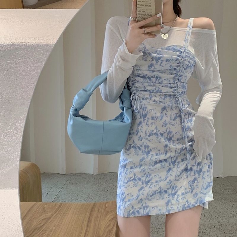 Set đầm hoa hai dây + áo thun tay dài thời trang cho nữ