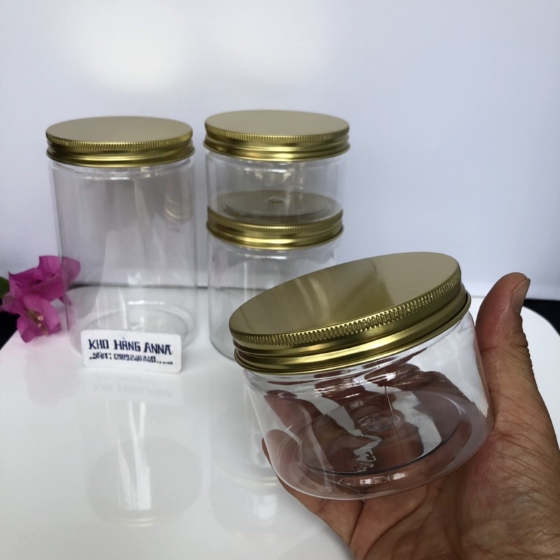 SÉT 5 HỦ ĐỰNG CHIẾT KEM TRONG SUỐT NẮP NHÔM Vàng / Bạc- Hủ Pet  CÓ NẮP LÓT đựng thực phẩm 100g/ 200g/ 300gr/ 500g 750g