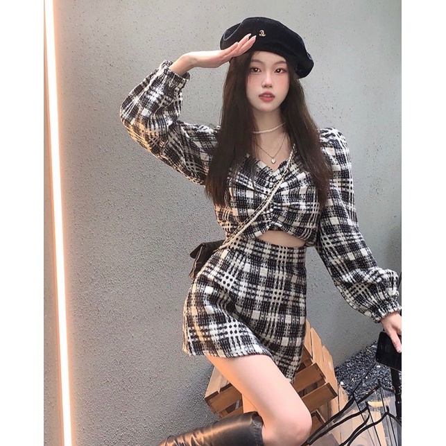 Set áo crop caro xoắn ngực tay dài + chân váy form A ulzzang quảng châu