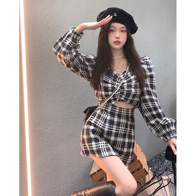 Set áo crop caro xoắn ngực tay dài + chân váy form A ulzzang quảng châu