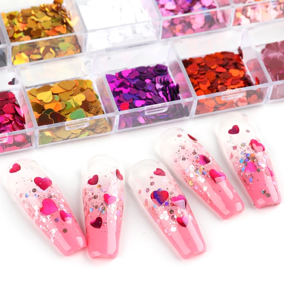 Hộp 12 Hộp Hạt Kim Sa / Trái Tim 3D Trang Trí Móng Tay