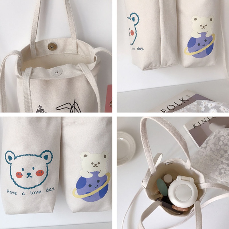 Túi Canvas Đeo Vai Đựng Bình Nước In Hình Hoạt Hình Dễ Thương Cho Nữ