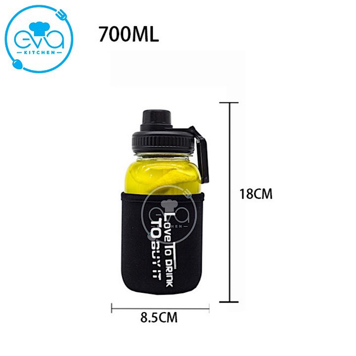 Bình Đựng Nước Thuỷ Tinh Nắp Bật Có Quai Cầm Love To Drink 700ml Tặng Kèm Vỏ Bọc Vải Neoprene