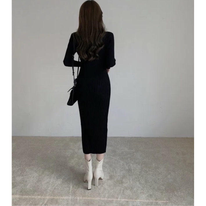 Đầm len nữ body cổ V có cúc dài tay dáng dài 2 màu đen, đỏ dùng đi chơi, dự tiệcu