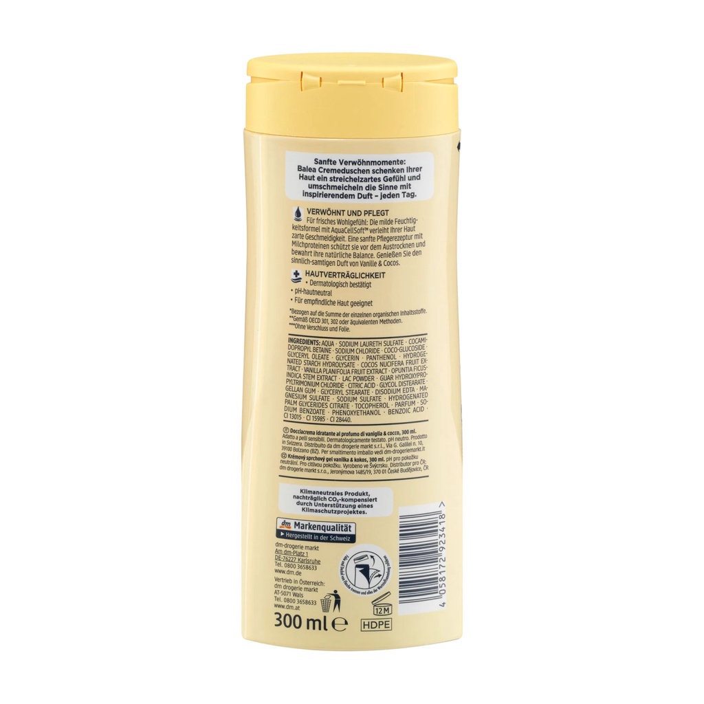 Sữa tắm BALEA dưỡng ẩm cho mọi loại da hương thơm vani và dừa, Cremedusche Vanille und Cocos 300ml - hàng nhập khẩu Đức