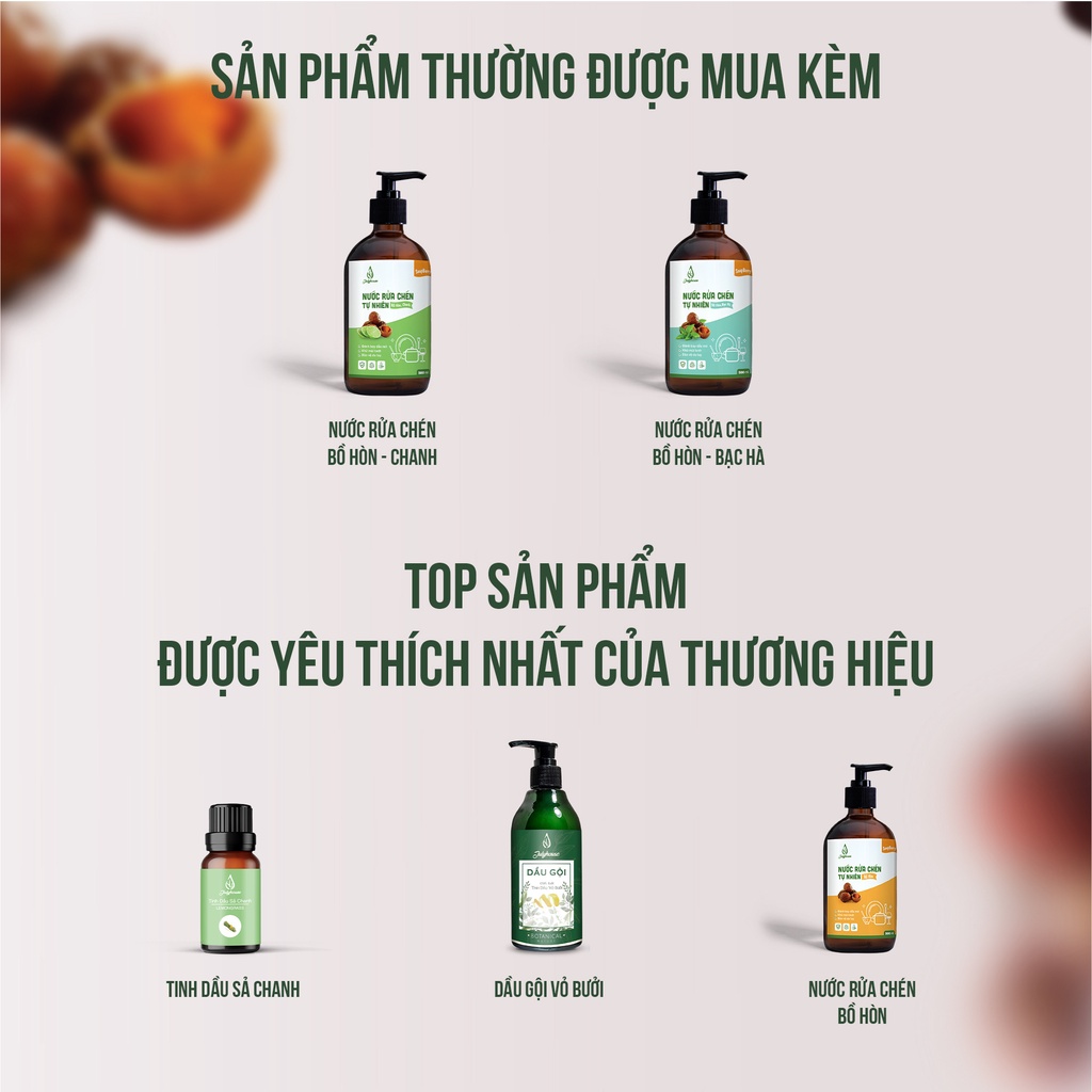 Nước rửa chén hữu cơ chiết xuất Bồ Hòn và tinh dầu thiên nhiên JULYHOUSE khử mùi tanh, an toàn, không hại da tay