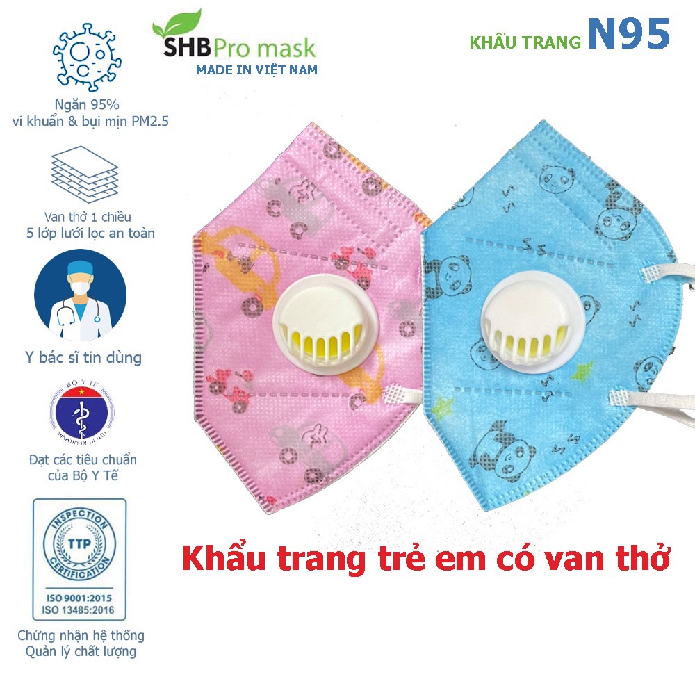 Khẩu Trang SHB Pro Mask N95 Trẻ Em Có Van Hiệu Quả Lọc &gt;95% Bụi Mịn PM2.5 hộp 20 chiếc (Hàng Chuẩn - Chính Hãng)