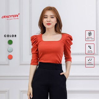 Áo thun tay lỡ nữ CRAZYTEEN cổ vuông bồng vai điệu đà AT0122