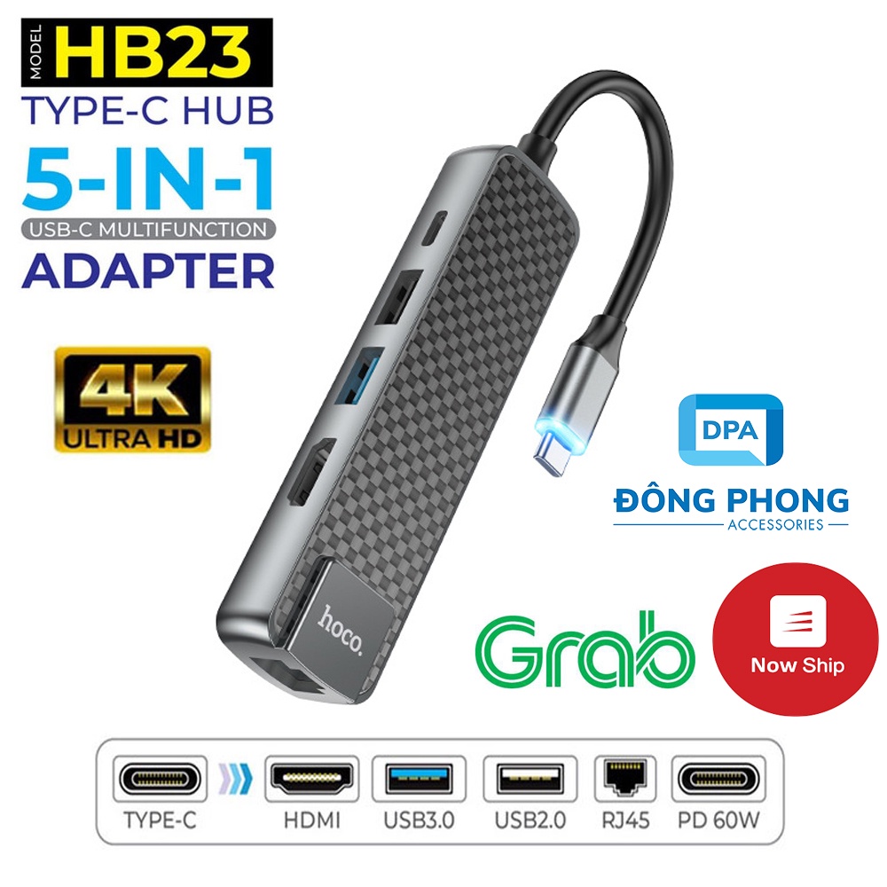 Hub Hoco HB23 5 in 1 Chuyển Type C Ra USB 3.0 + HDMI + RJ45 + PD60W Chính Hãng ( USB C Multimedia Adapter )