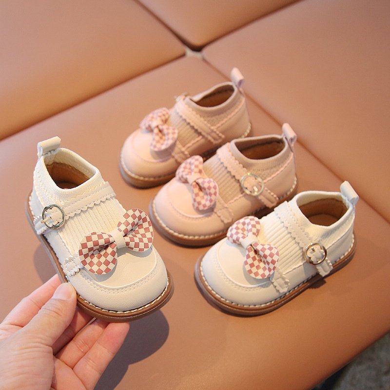 MỚI 2022_ GIày búp bê len phối nơ kẻ xinh xắn cho bé gái size 15-25