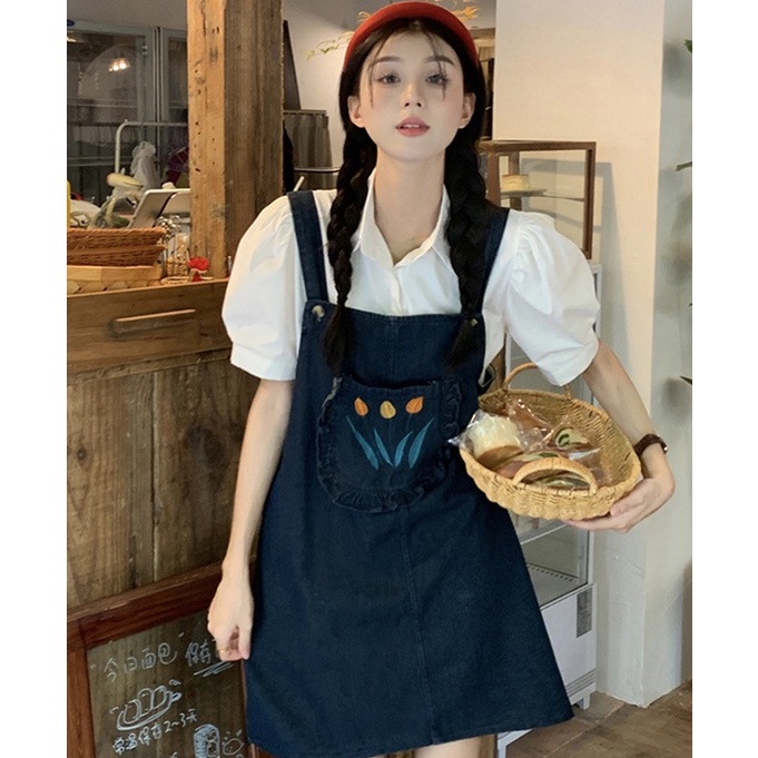 Váy yếm DENIM túi hoa tulip không tay chất jean mềm mại phong cách Hàn Quốc HITA22_STORE.