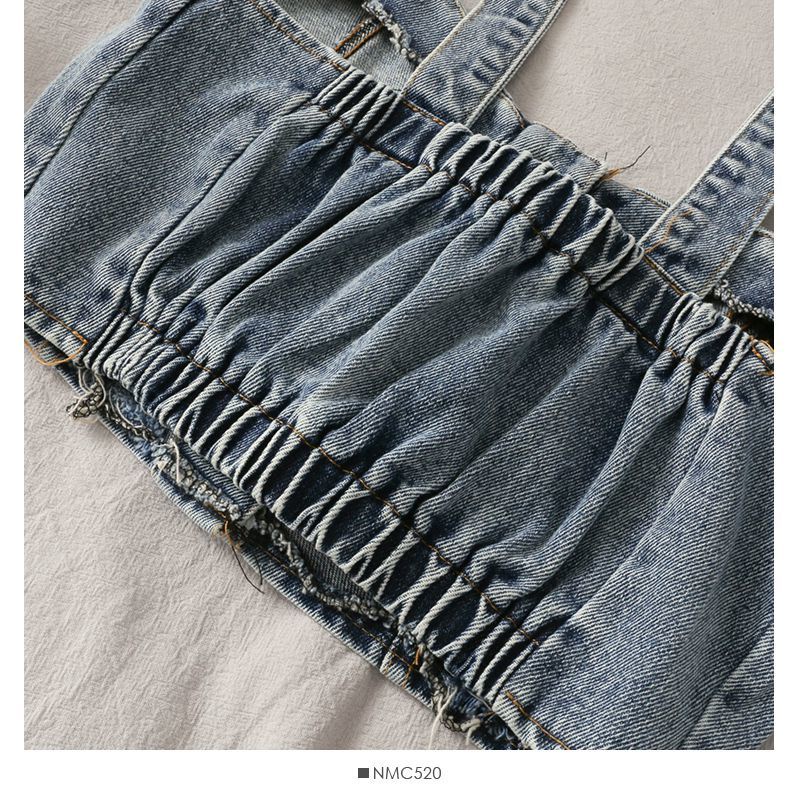 Áo denim hai dây dáng ôm thời trang xuân hè phong cách Hàn Quốc 2021