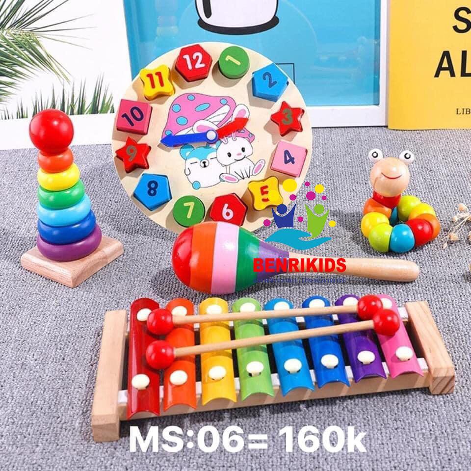Combo Đồ Chơi Giáo Dục, Set 5 Món Sâu, Đàn, Tháp, Lục lạc , Đồng Hồ Hình Khối