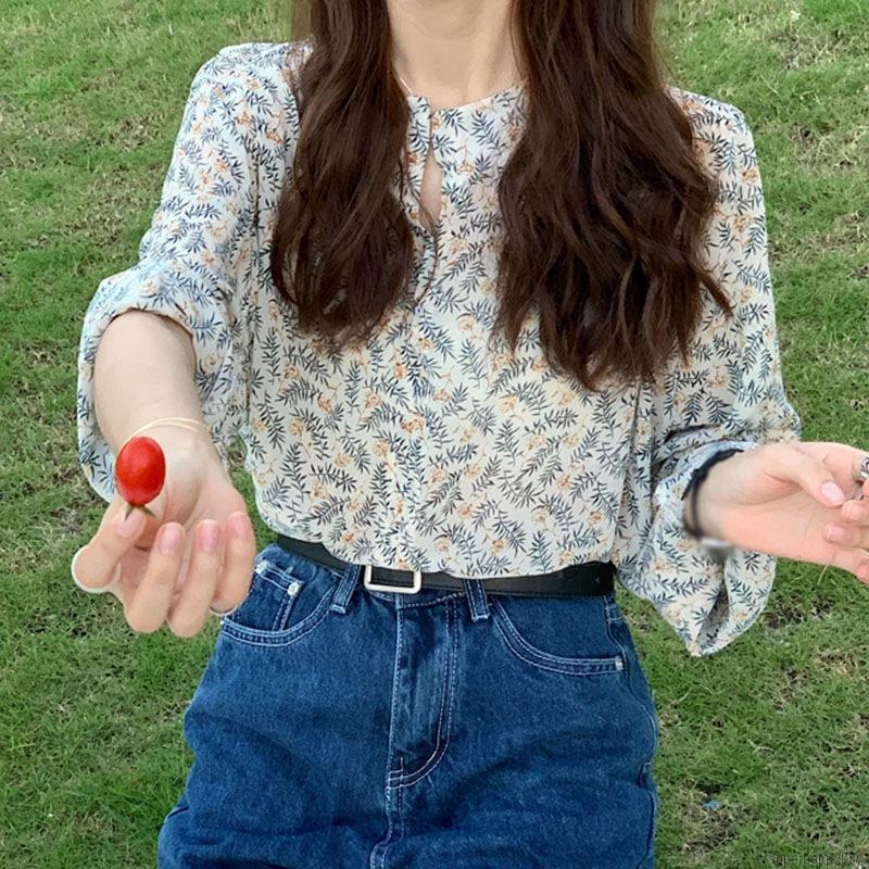 Áo Sơ Mi Voan Tay Dài Hoạ Tiết Hoa Cho Nữ