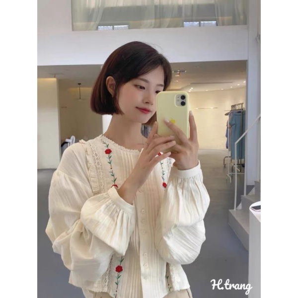 Sơ mi viền ren thêu hoa siêu xinh