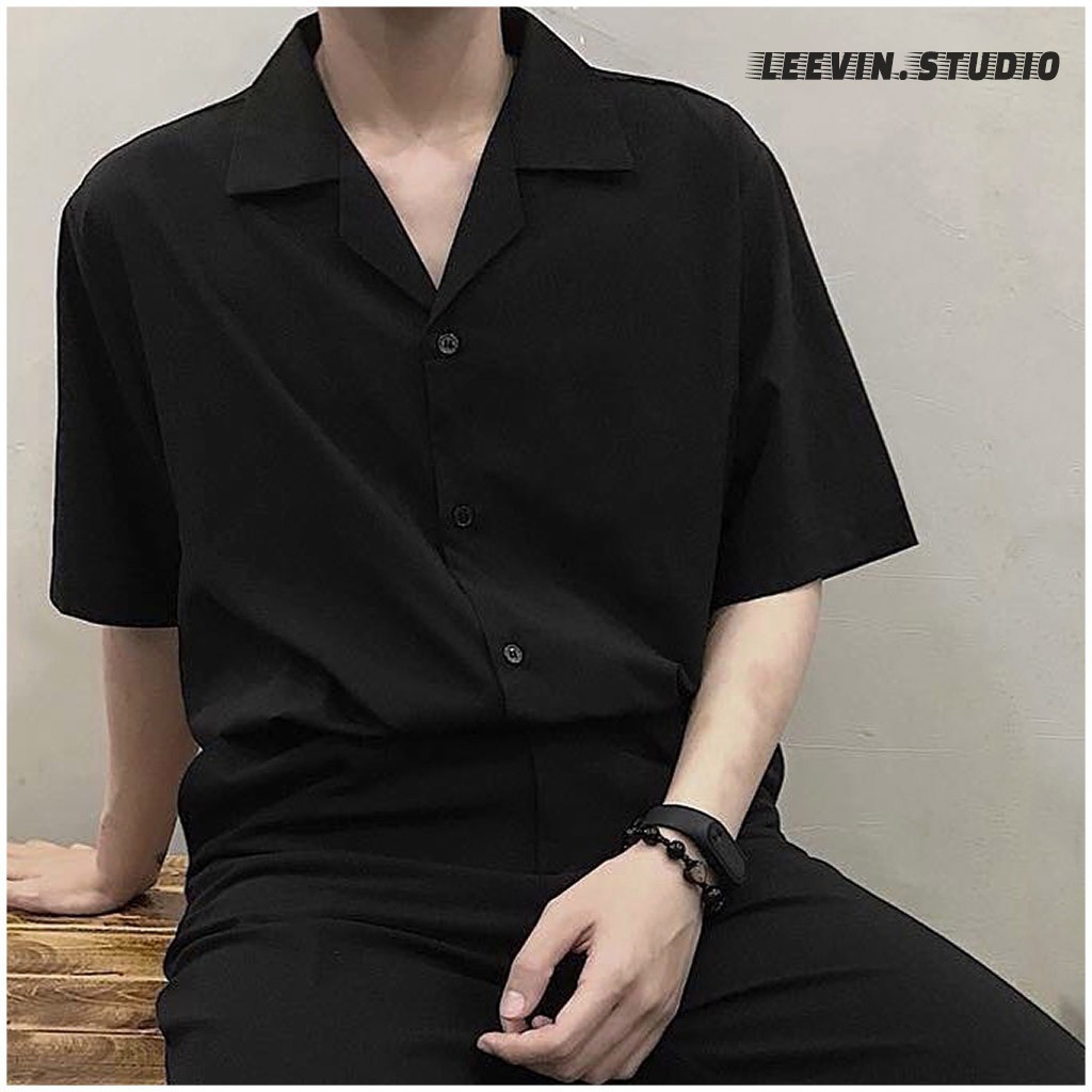 Áo sơ mi ngắn tay Nam Nữ Cổ V*st TRƠN trắng và đ*n - Kiể* sơ mi tay ngắn form rộng L**vin Stor* nk032