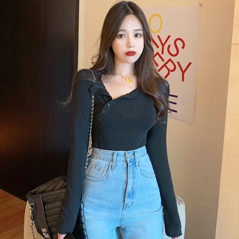 Áo thun tay dài phối nút thiết kế đơn giản hợp thời trang