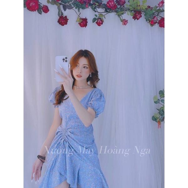 Đầm cổ tim tay phồng dây rút hông