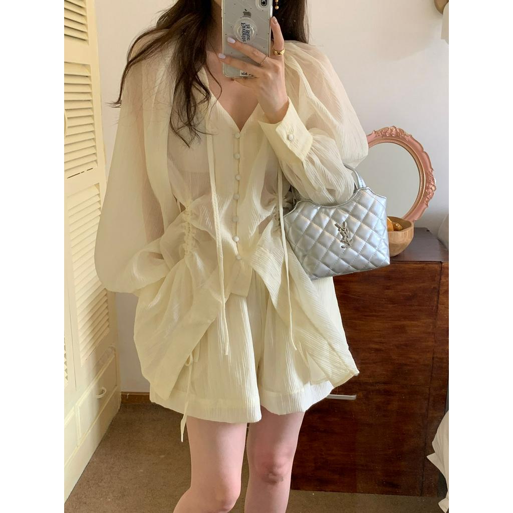 Áo Sơ Mi Tay Dài Cổ Chữ V Phối Dây Rút Thời Trang 62187