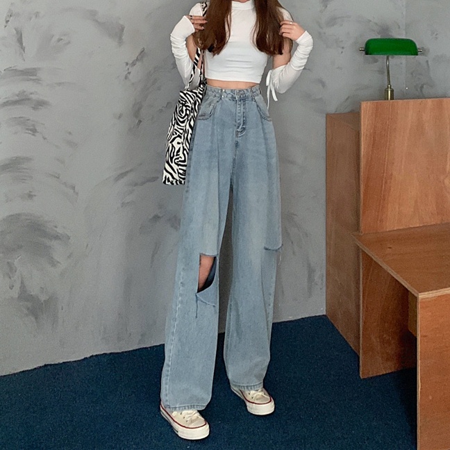 Porozi  Quần Jeans Nữ Lưng Cao Ống Rộng Rách Gối Thời Trang Hàn Quốc