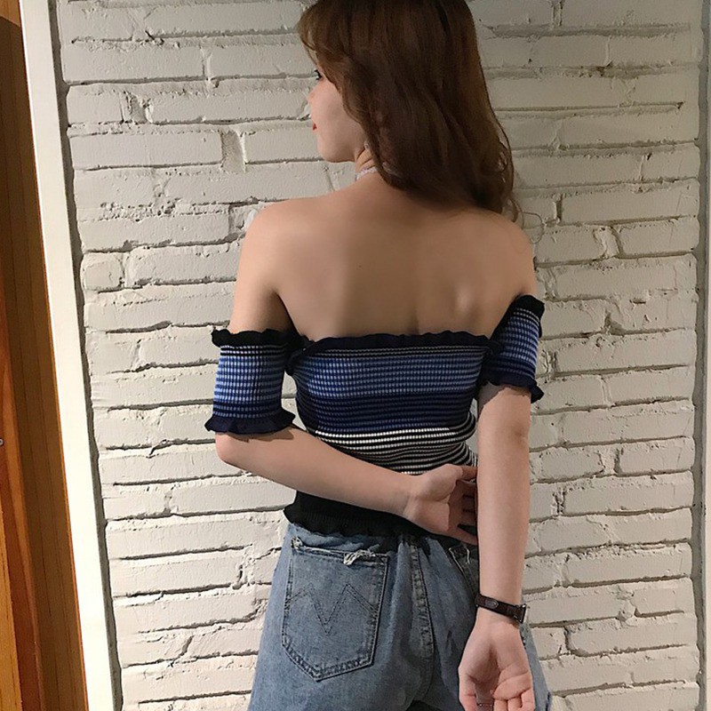 [Baywellfashion]Áo crop top trễ vai phối họa tiết sọc ngang quyến rũ trẻ trung dành cho nữ | BigBuy360 - bigbuy360.vn