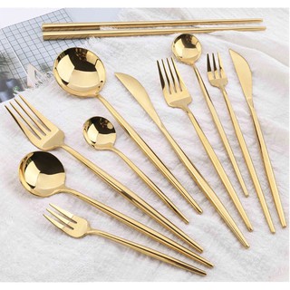 ( CÓ SẴN) Bộ dao, thìa, dĩa inox Sus304 Mạ Vàng phong cách Châu Âu đẳng cấp - Thìa to, Dao to rất dày dặn