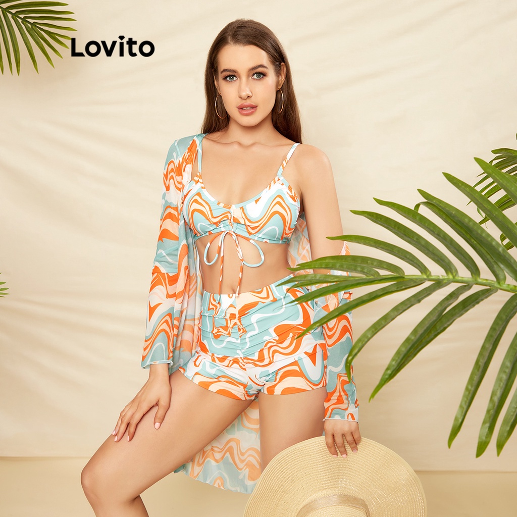 Lovito sexy Bộ bikini nữ 3 mảnh Water Ri gợn sóng có miếng lót rời L33AD013 (Nhiều màu)