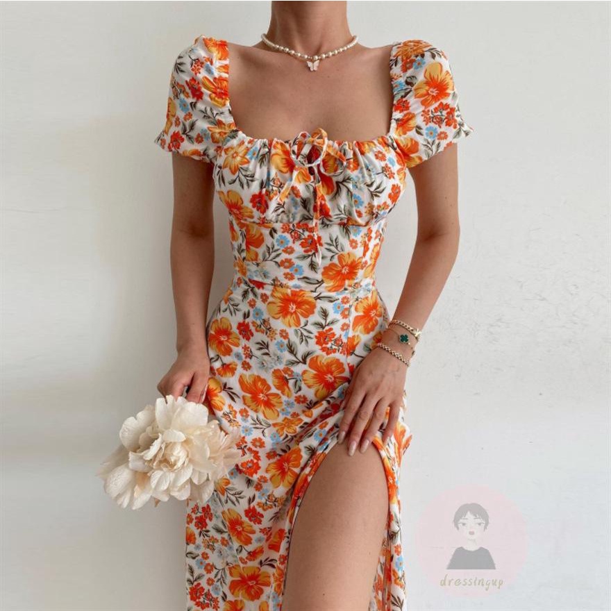 Đầm Tay Ngắn Cổ Vuông Họa Tiết Hoa Thời Trang Mùa Hè Xinh Xắn Cho Nữ