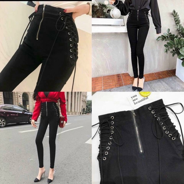 Quần skinny đan dây cạp cao có giãn mạnh