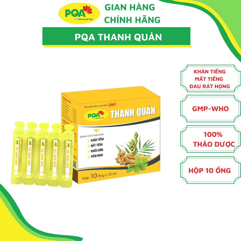 Thanh Quản PQA thảo dược dùng cho người viêm thanh quản, amidan, viêm họng hạt. Hộp 10 ống